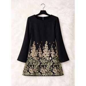 Zara Women Black Embroidered Shift Dress Gold Sequin Bell Sleeve Keyhole Back M